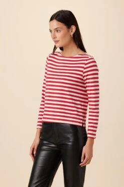 Cecelia Long Sleeve Reverie Knit Tee - Zinnia And Ivory -Outlet Sleek Vest Store 0052 LS Cecelia Zinnia Ivory Stripe 2