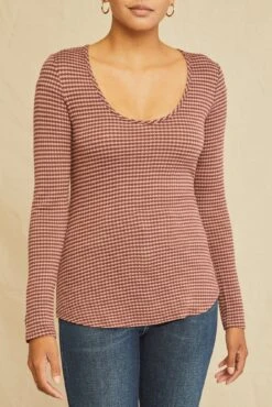 Itana Long Sleeve Scallop Knit Tee - Maple Quartz Stripe