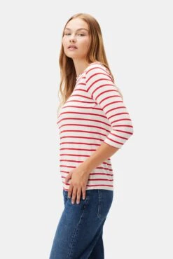Francoise 3/4 Sleeve Dream Knit Tee - Red Poppy Stripe -Outlet Sleek Vest Store 1005R1 34 Francoise Red Poppy Stripe 2