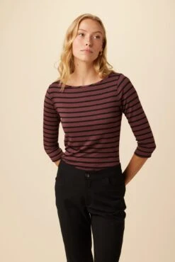 Francoise 3/4 Sleeve Dream Knit Tee - Maple Black Stripe