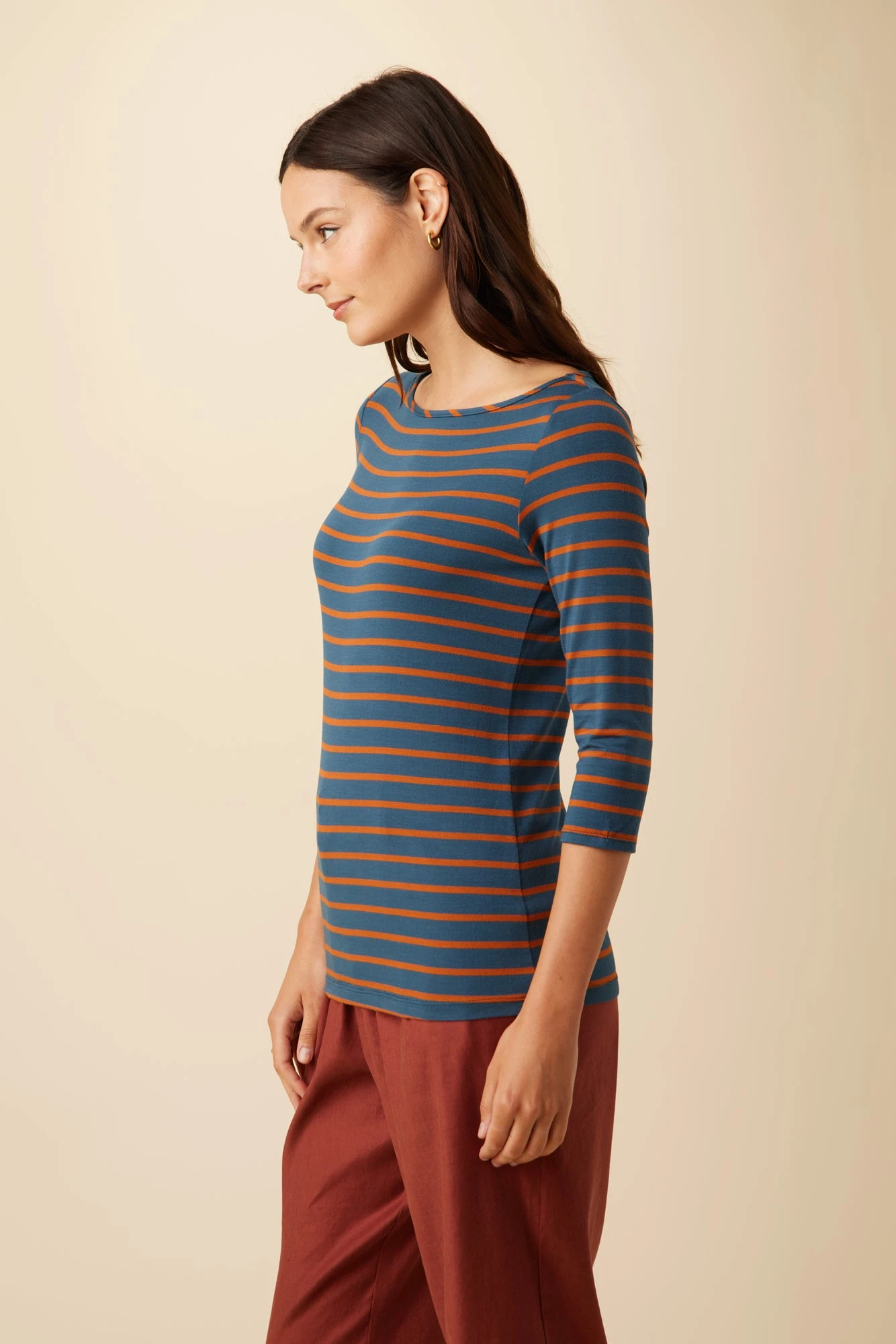 Francoise 3/4 Sleeve Dream Knit Tee - Azure Umber Stripe - Image 2
