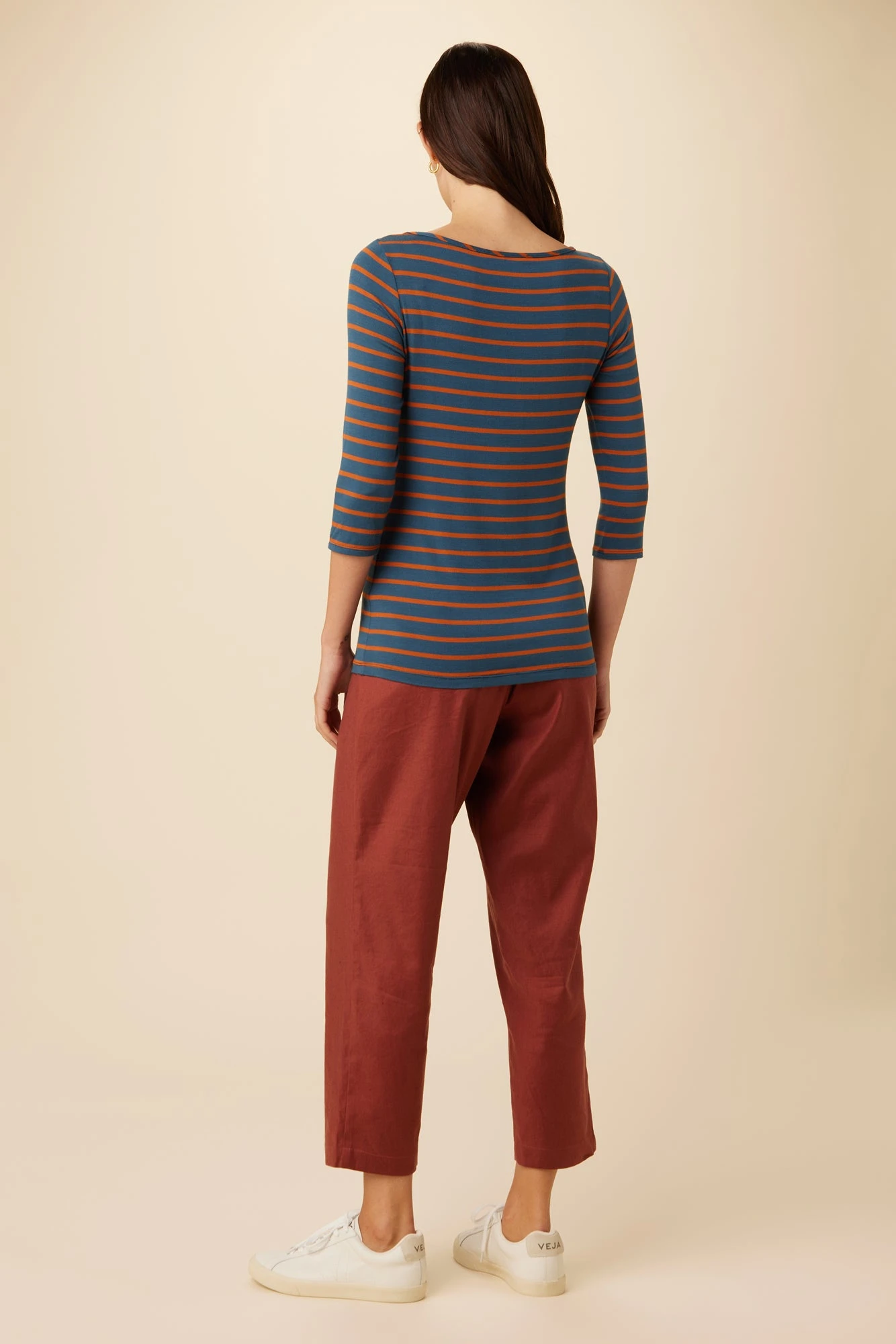 Francoise 3/4 Sleeve Dream Knit Tee - Azure Umber Stripe - Image 3