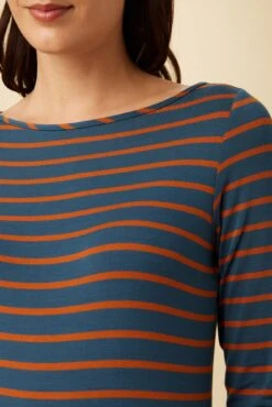 Francoise 3/4 Sleeve Dream Knit Tee - Azure Umber Stripe -Outlet Sleek Vest Store 1005 3 4 Slv Francoise Harbor Stripe Azure Umber 4