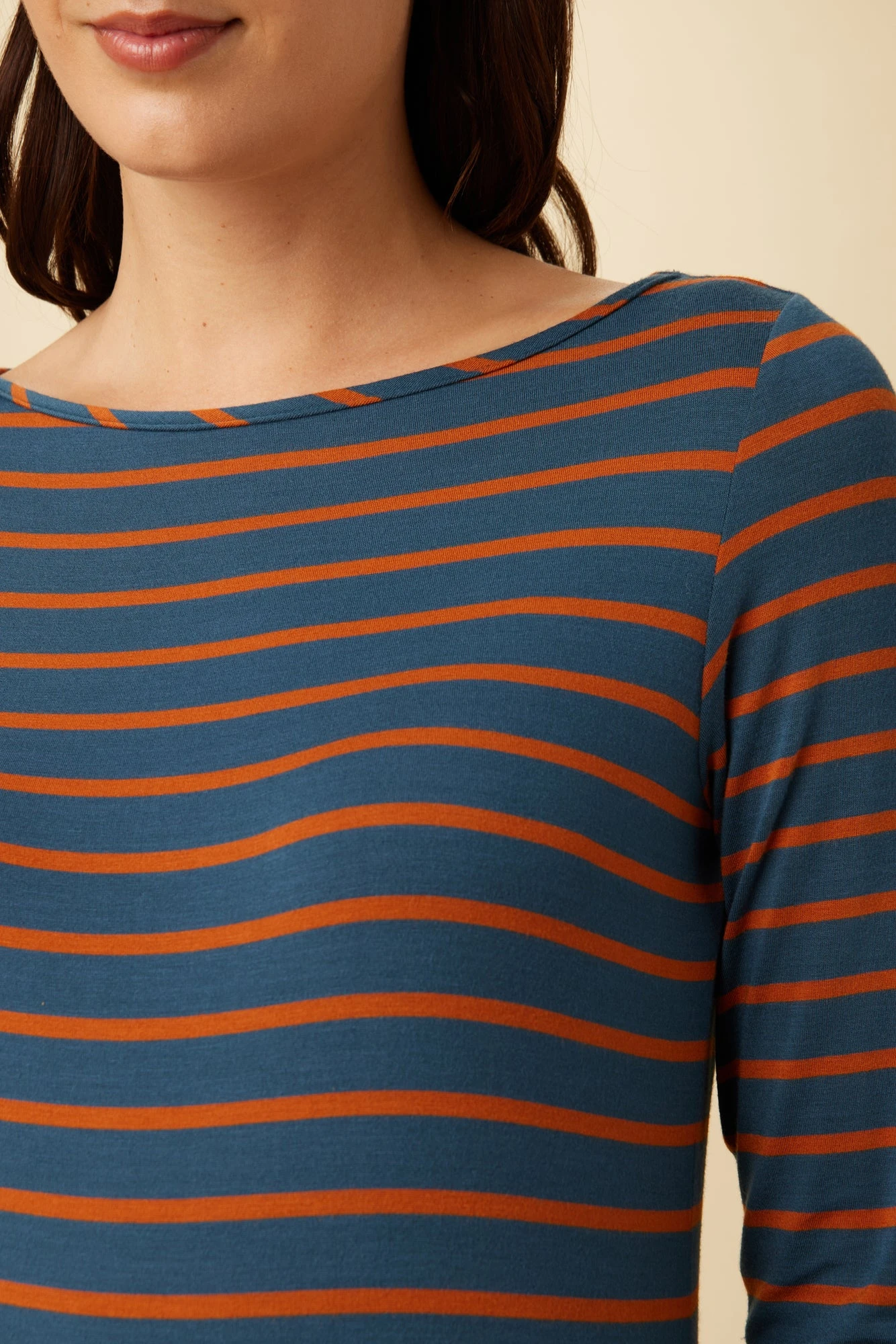 Francoise 3/4 Sleeve Dream Knit Tee - Azure Umber Stripe - Image 4