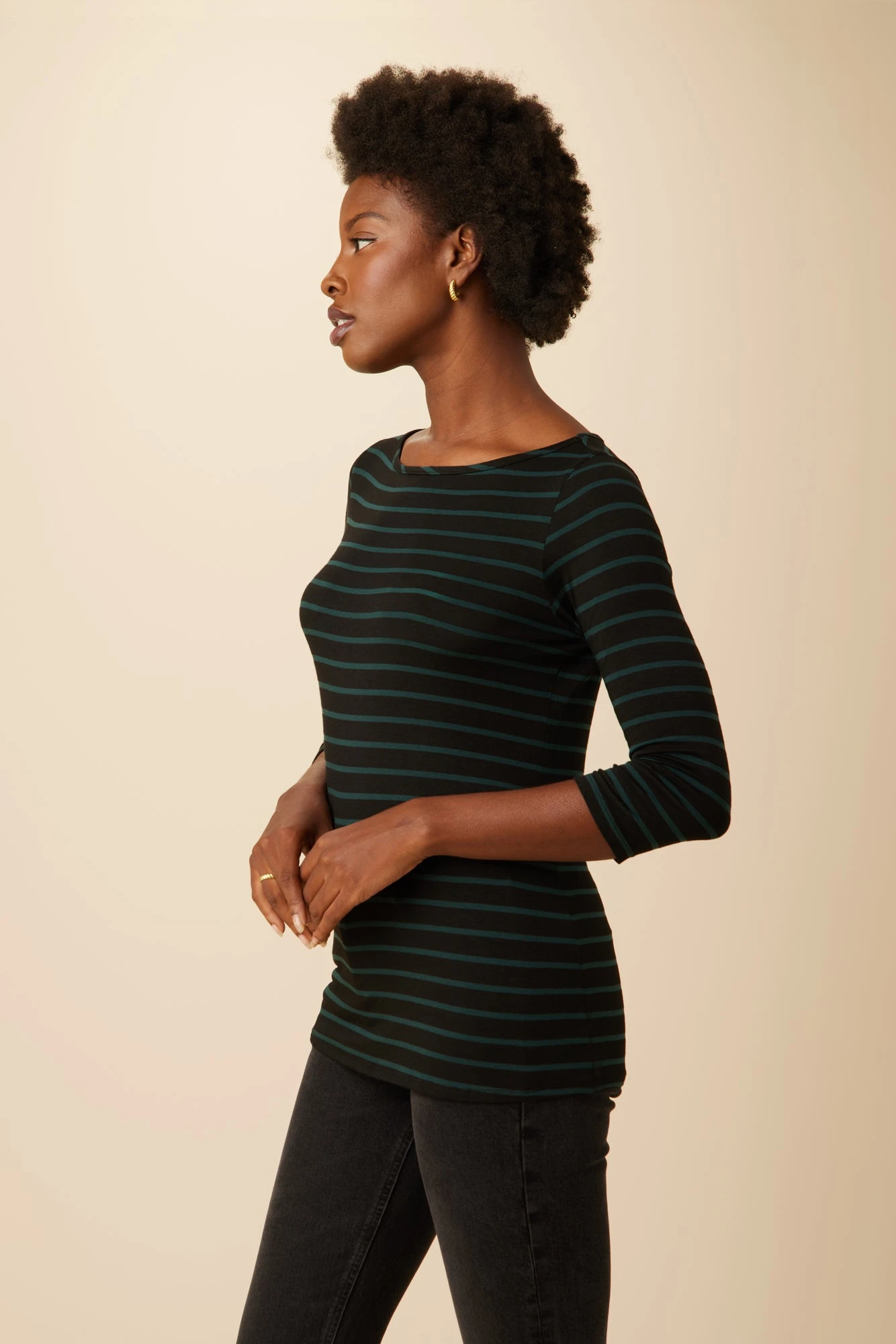 Francoise 3/4 Sleeve Dream Knit Tee - Black Spruce Stripe - Image 2