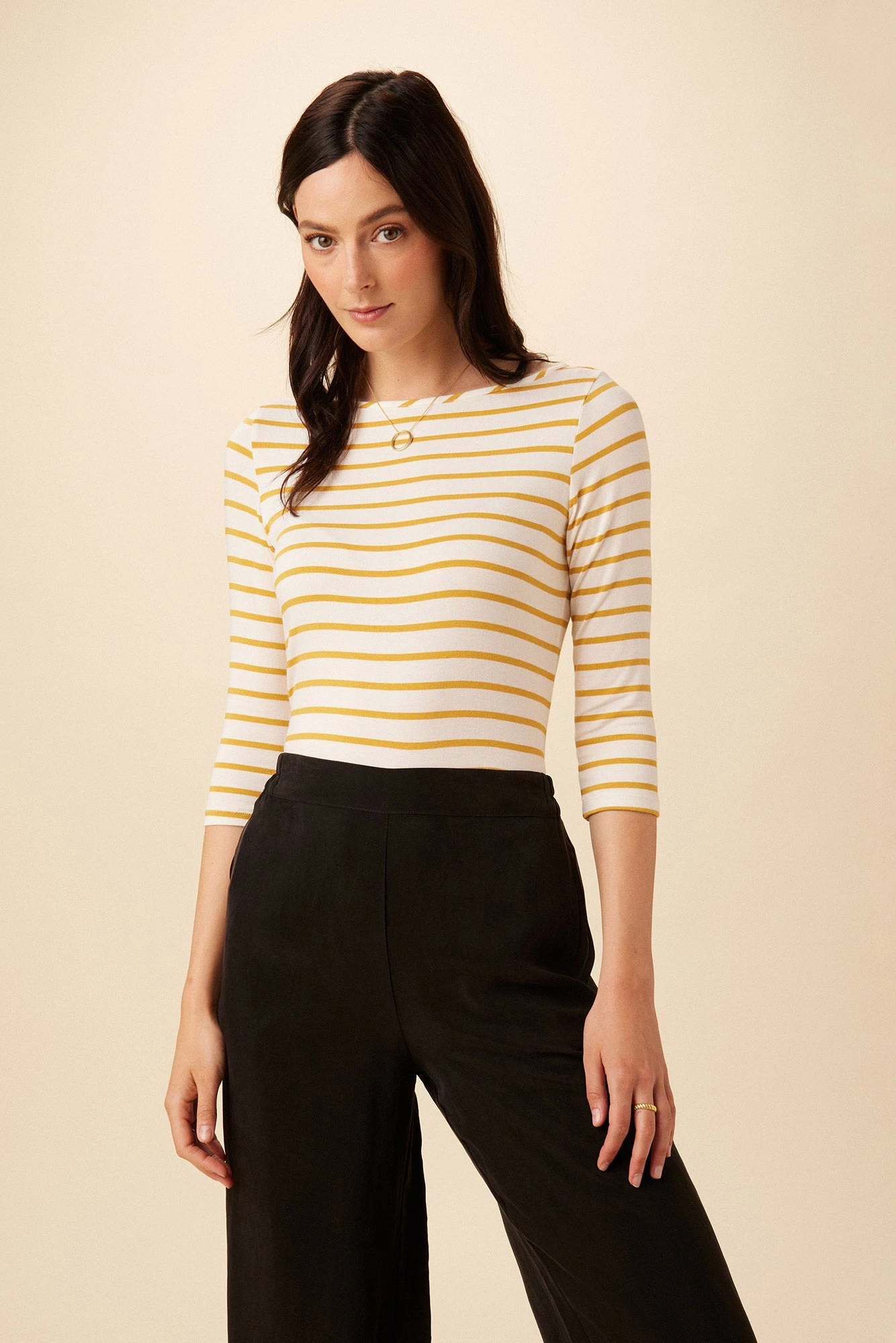Francoise 3/4 Sleeve Dream Knit Tee - Ivory Sunflower Stripe