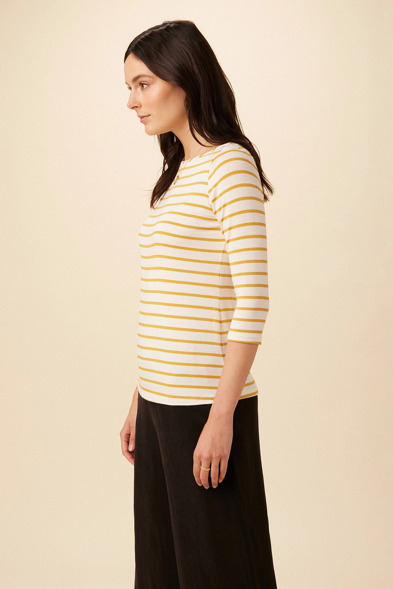 Francoise 3/4 Sleeve Dream Knit Tee - Ivory Sunflower Stripe - Image 2