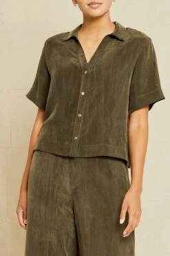 Monroe Cottonseed Cupro Pajama Top - Olive