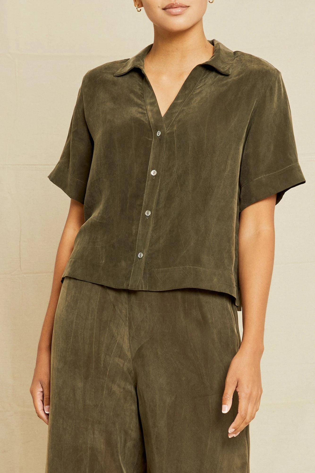 Monroe Cottonseed Cupro Pajama Top - Olive 1 Monroe Cottonseed Cupro Pajama Top - Olive