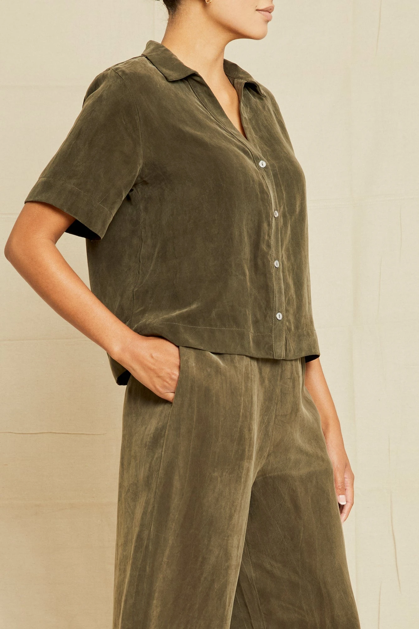 Monroe Cottonseed Cupro Pajama Top - Olive 2 Monroe Cottonseed Cupro Pajama Top - Olive - Image 2