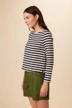 Cecelia Long Sleeve Reverie Knit Tee - Navy And Ivory -Outlet Sleek Vest Store 9819 Cecelia Navy Ivory Stripe 2